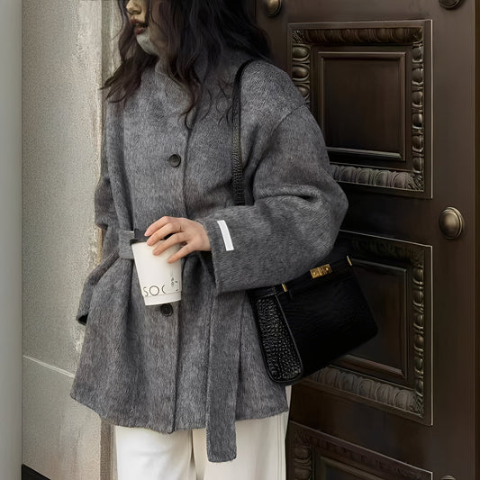 Aria - Płaszcz damski szary wełniany z paskiem i kieszeniami