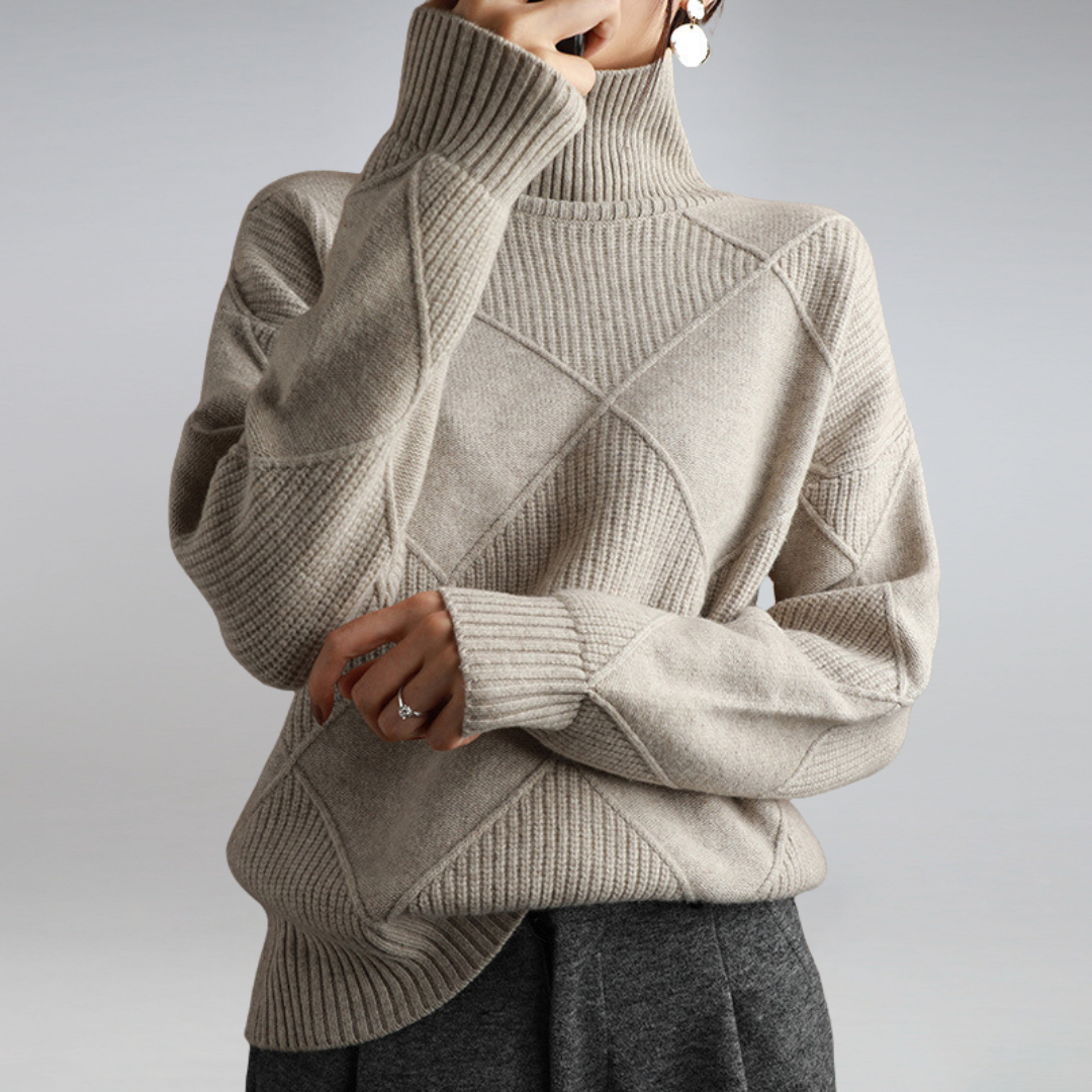 Amelia – Sweter damski z golfem i geometrycznym wzorem