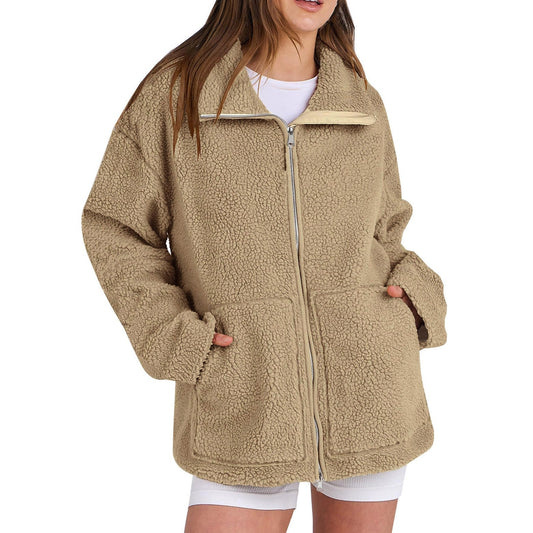 Maya - Kurtka damska beżowa polarowa sherpa z kieszeniami i zamkiem