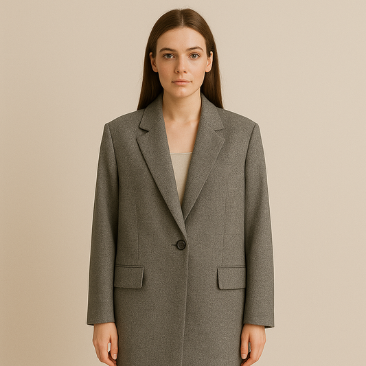 Szary długi żakiet oversize z dużym guzikiem