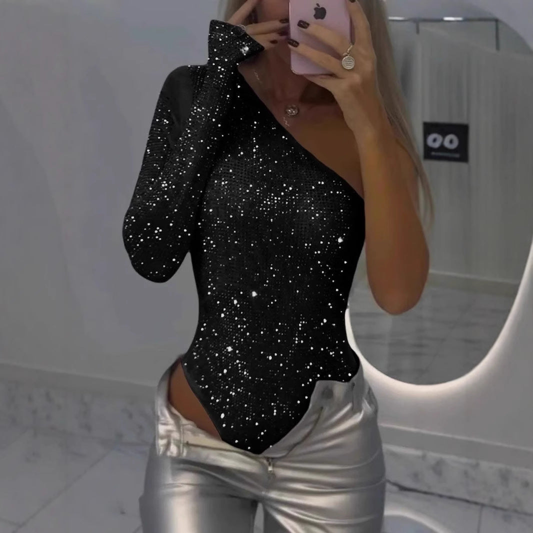 Monika – Damskie body wieczorowe z połyskiem i jednym rękawem