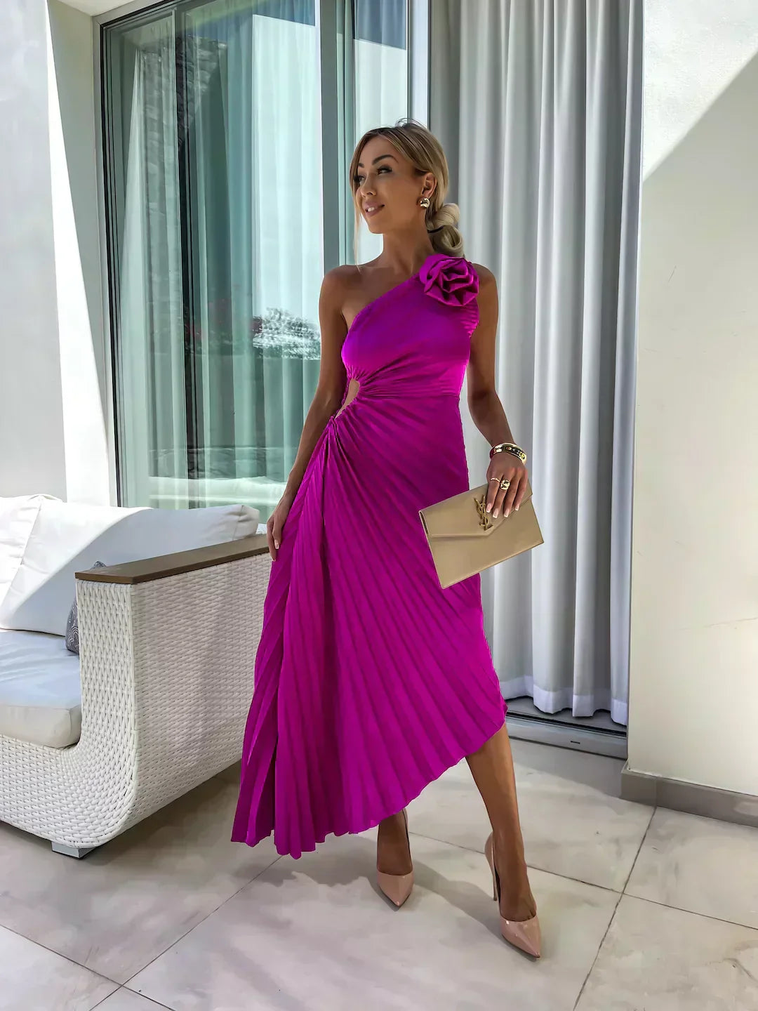 Alicja – Asymetryczna Plisowana Sukienka Jednoramienna Dla Kobiet