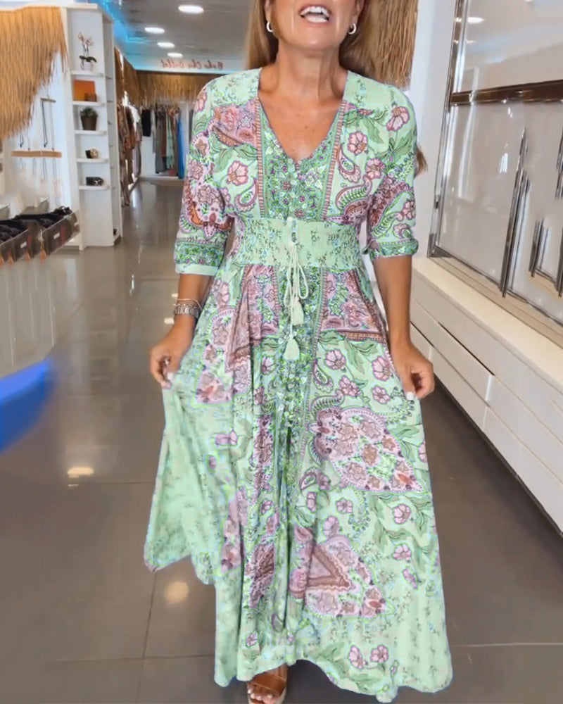 Lisa – Floral V-neck and 3/4 Sleeves Dress - Image 11