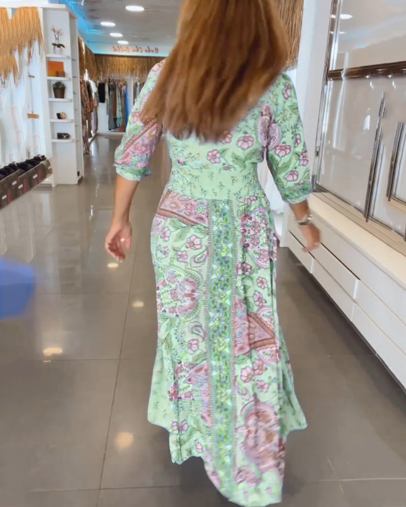 Lisa – Floral V-neck and 3/4 Sleeves Dress - Image 12