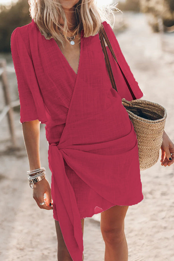 Ingrid  – Women Linen Blend Knotted Wrap Mini Dress - Image 28