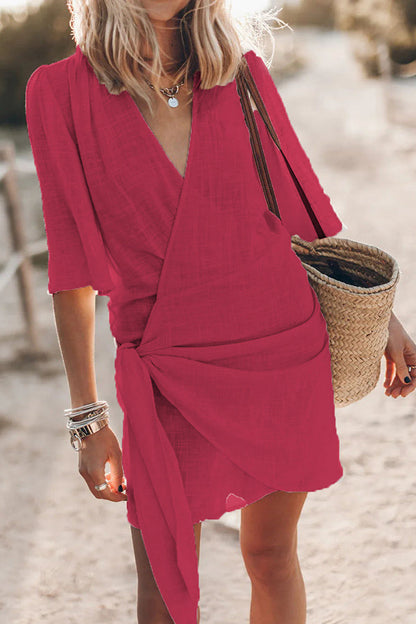 Ingrid  – Women Linen Blend Knotted Wrap Mini Dress - Image 28