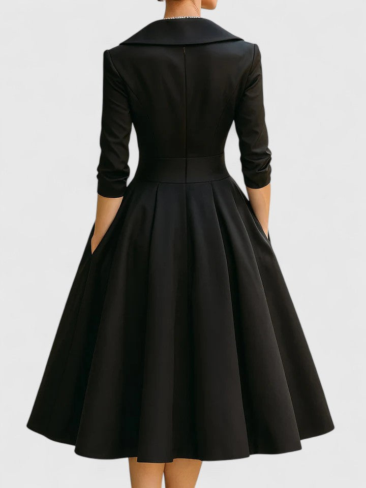 Ewelina – Elegancka rozkloszowana sukienka midi z kołnierzem szalowym damska