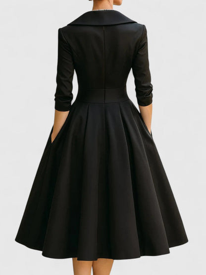 Ewelina – Elegancka rozkloszowana sukienka midi z kołnierzem szalowym damska