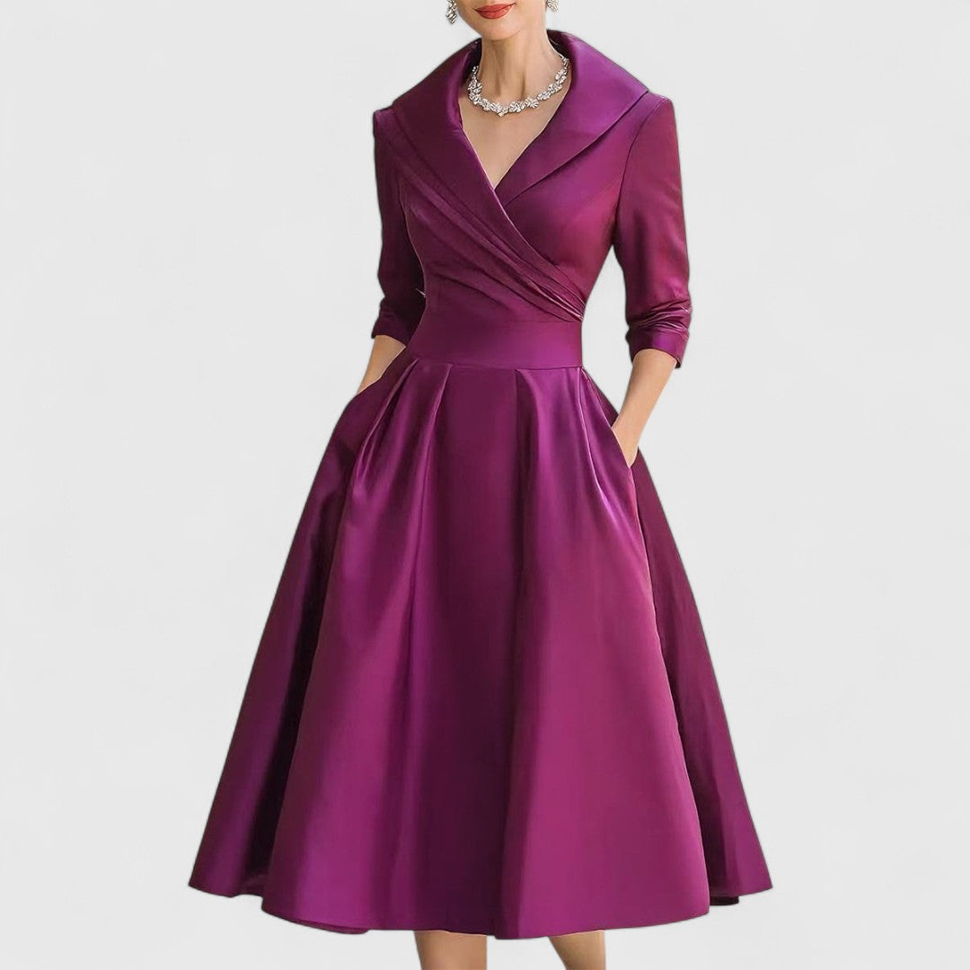 Beatriz – Elegancka sukienka midi z kołnierzem i kopertową górą