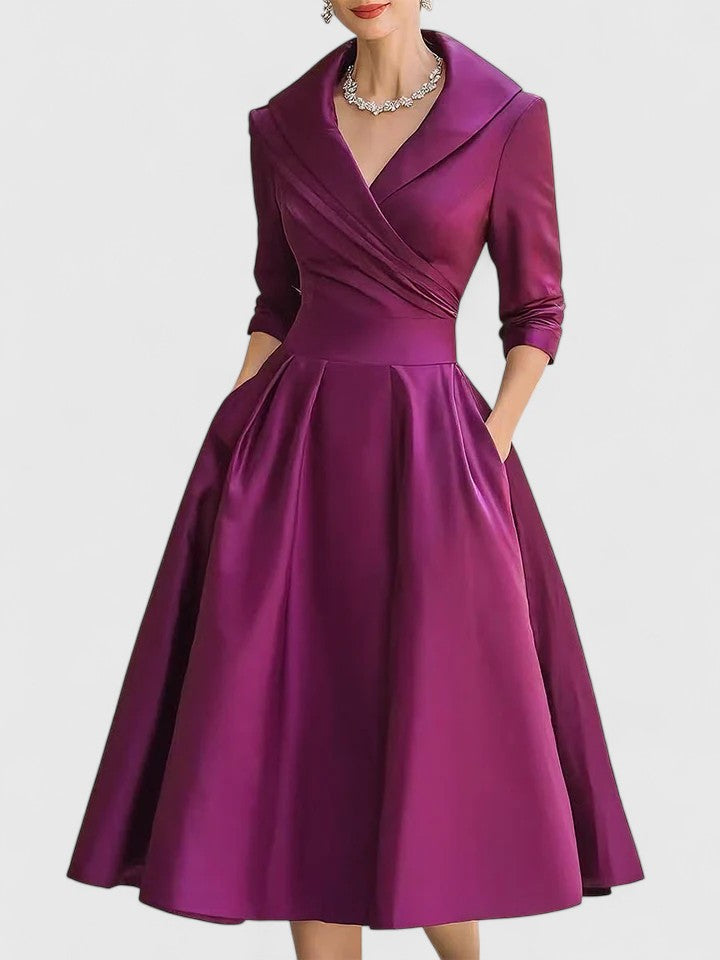Ewelina – Elegancka rozkloszowana sukienka midi z kołnierzem szalowym damska