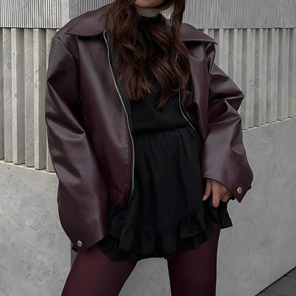 Aria – Damska bordowa kurtka oversize ze sztucznej skóry