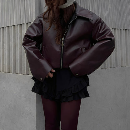 Aria – Damska bordowa kurtka oversize ze sztucznej skóry