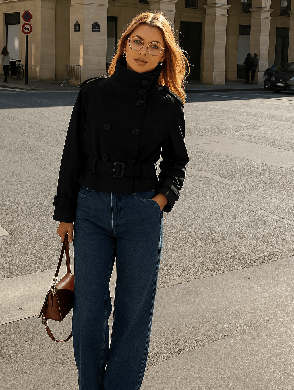 Krótka damska kurtka z dwurzędowym zapięciem na guziki i paskiem - J&B; - 6 - Livia-Moda