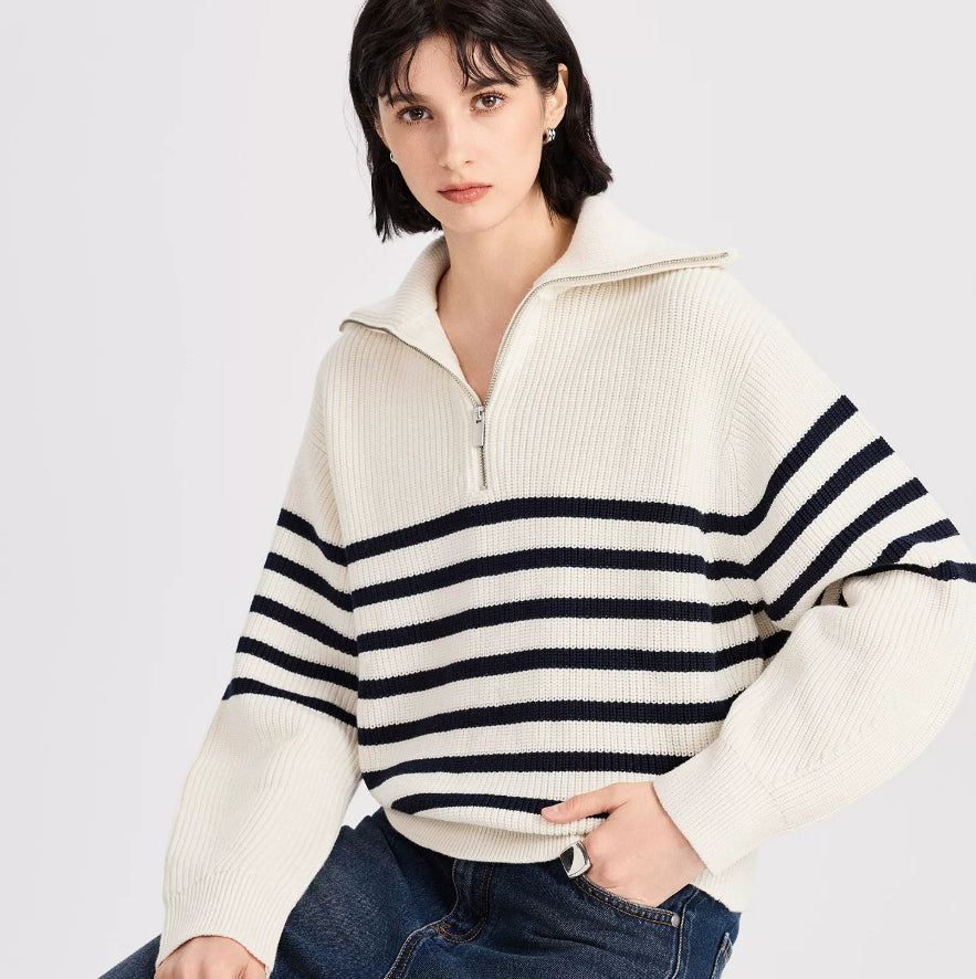 Damska bluzka w paski o luźnym kroju z zamkiem błyskawicznym - J&B; - 4 - Livia-Moda