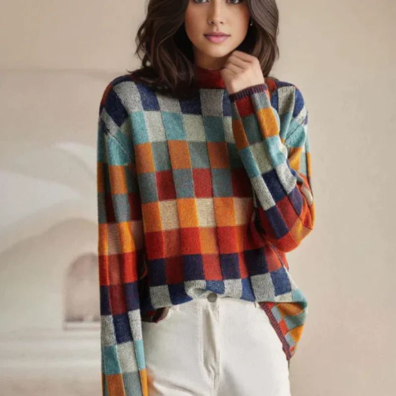 Stylowa damska dzianina w kratę z golfem - L&S; - 2 - Livia-Moda
