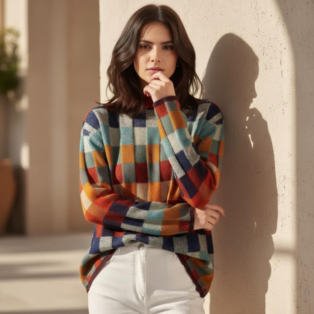 Stylowa damska dzianina w kratę z golfem - L&S; - 3 - Livia-Moda
