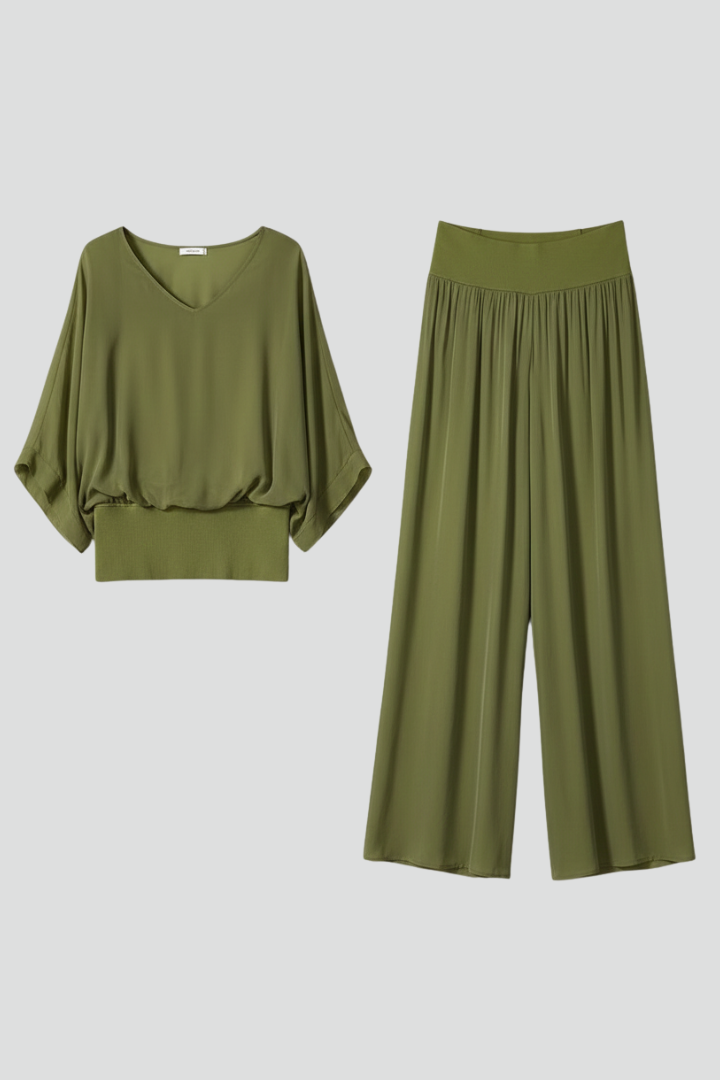 Elegancki damski zestaw dwuczęściowy z dekoltem w serek i luźnymi spodniami - L&S; - 9 - Livia-Moda