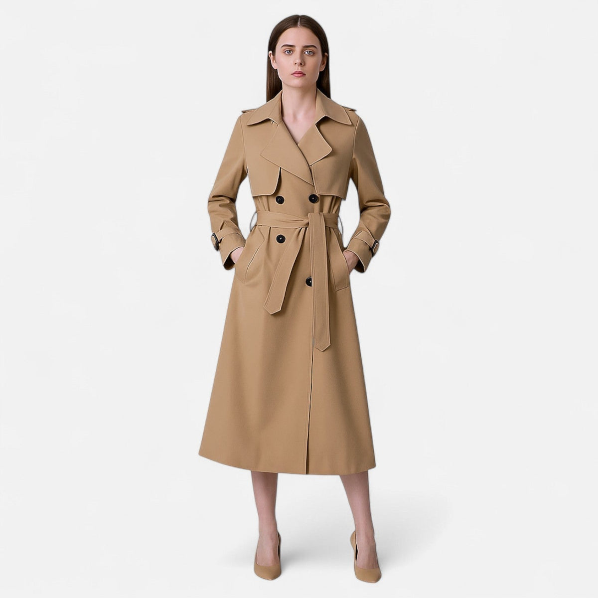 Elegancki damski trencz z podwójnym zapięciem - L&S; - 6 - Livia-Moda