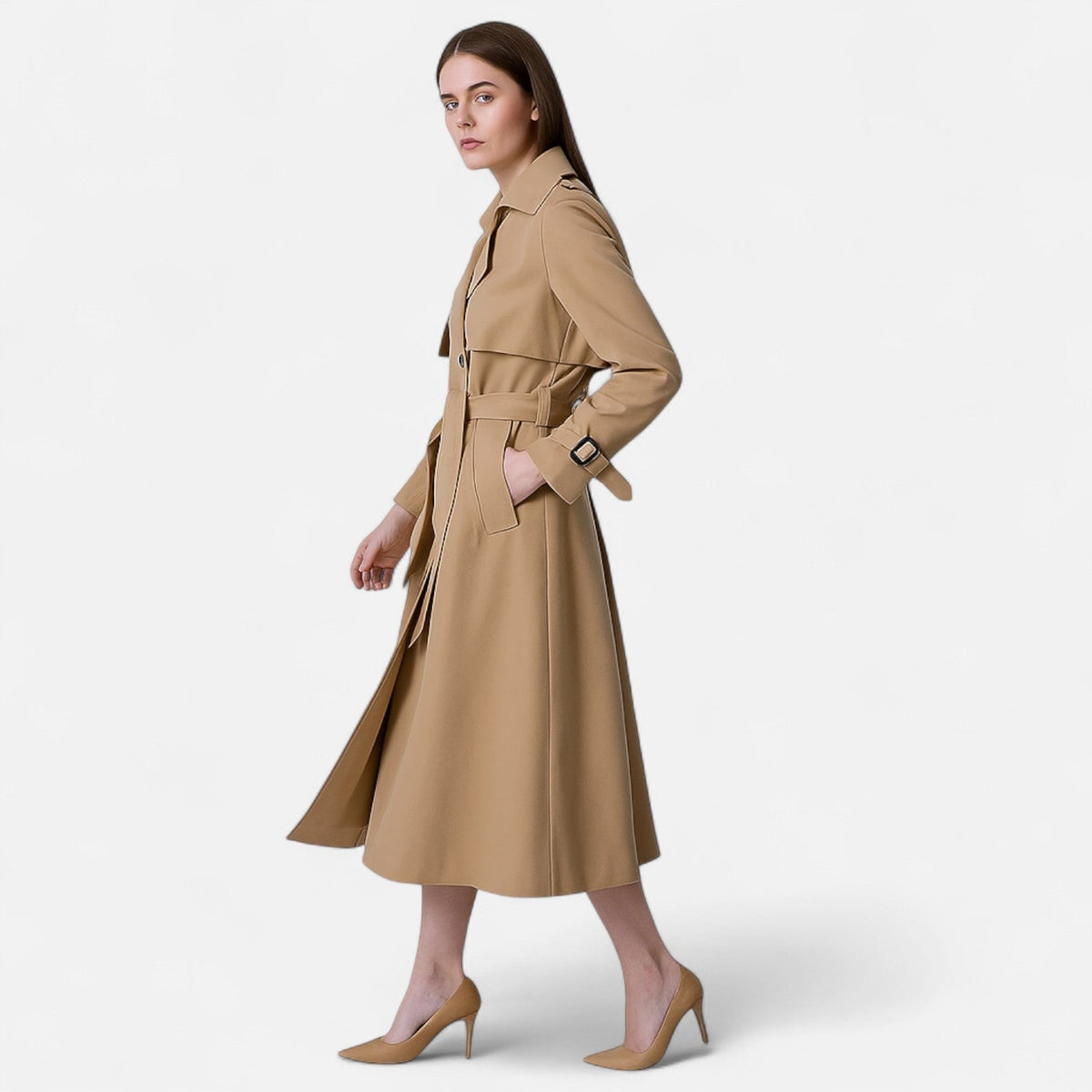 Elegancki damski trencz z podwójnym zapięciem - L&S; - 7 - Livia-Moda