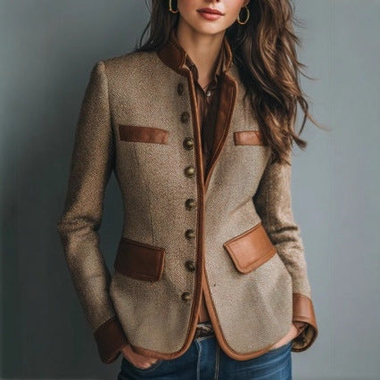 Elegancka damska marynarka z tweedu z wykończeniem ze sztucznej skóry - L&S; - 1 - Livia-Moda