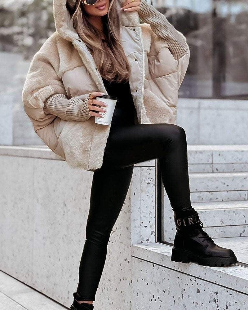 Elegancka, pikowana kurtka damska z kapturem i futrzanym wykończeniem - L&S; - 9 - Livia-Moda