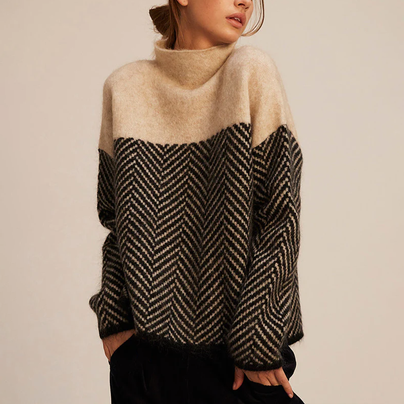 Elegancki damski sweter z wysokim kołnierzem w wzór szewronu - L&S; - 1 - Livia-Moda