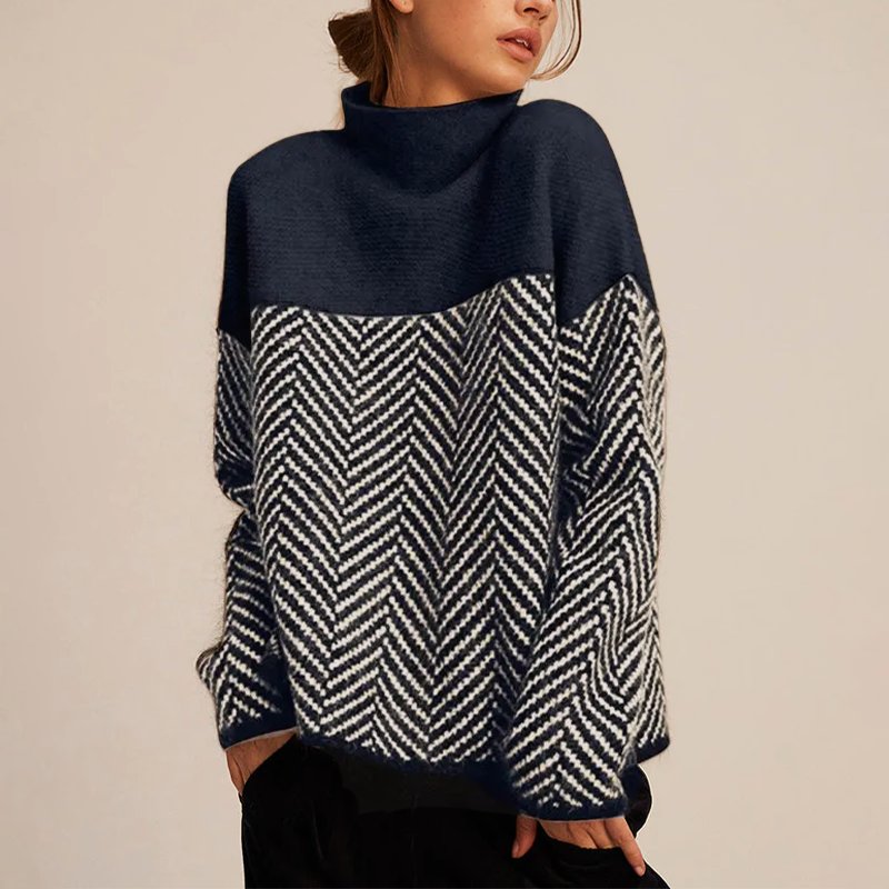 Elegancki damski sweter z wysokim kołnierzem w wzór szewronu - L&S; - 2 - Livia-Moda