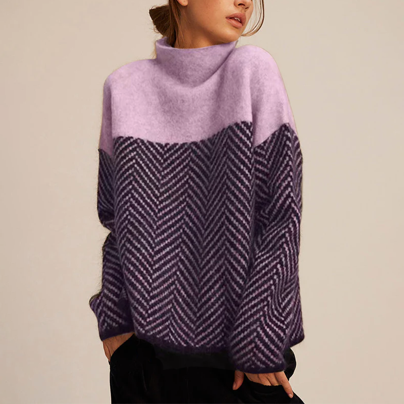 Elegancki damski sweter z wysokim kołnierzem w wzór szewronu - L&S; - 3 - Livia-Moda