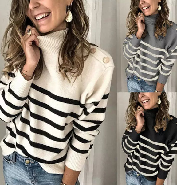 Damska bluzka w paski z wysokim kołnierzem i guzikami - J&B; - 5 - Livia-Moda
