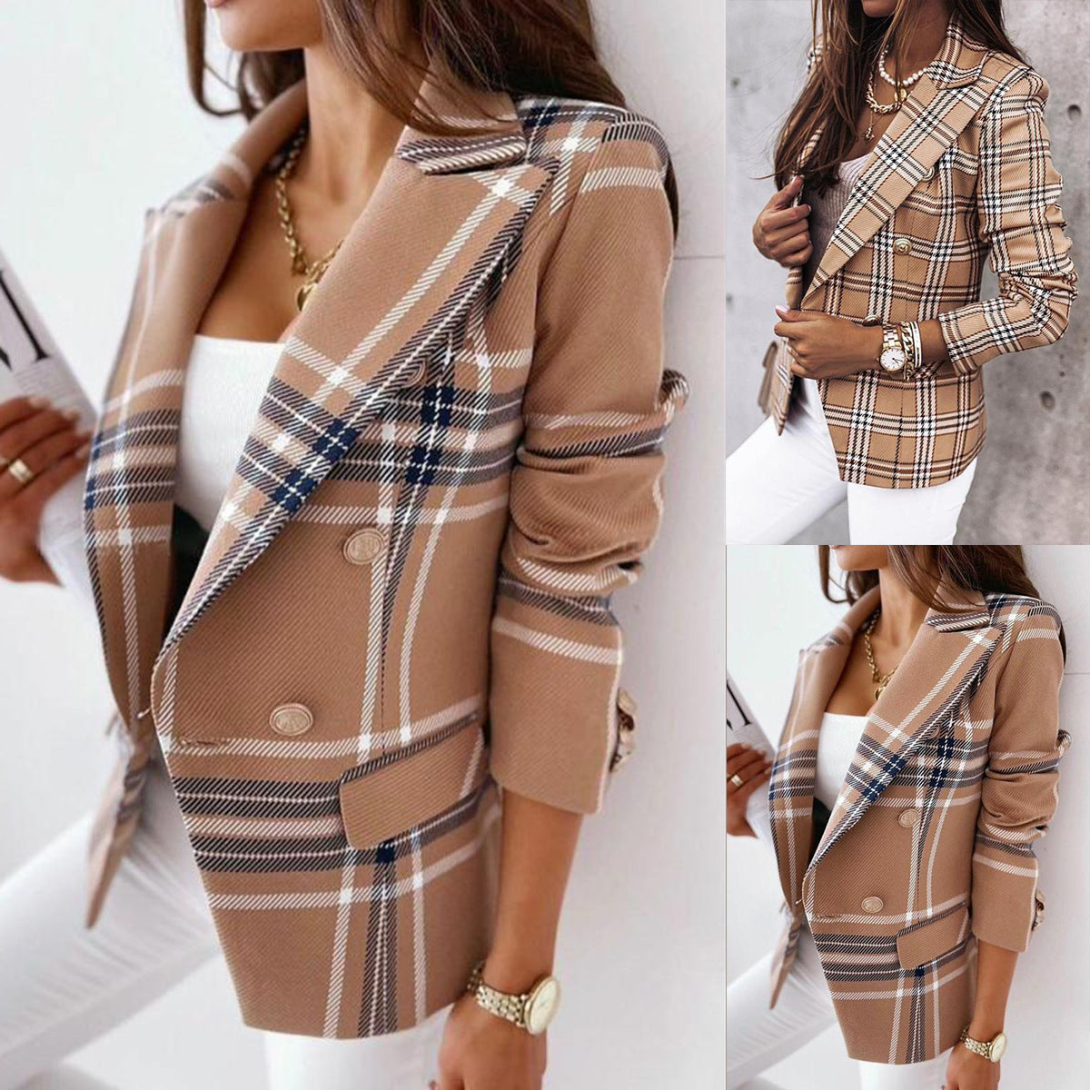 Dwurzędowa damska marynarka z eleganckim wzorem w kratę i dopasowanym krojem - J&B; - 2 - Livia-Moda