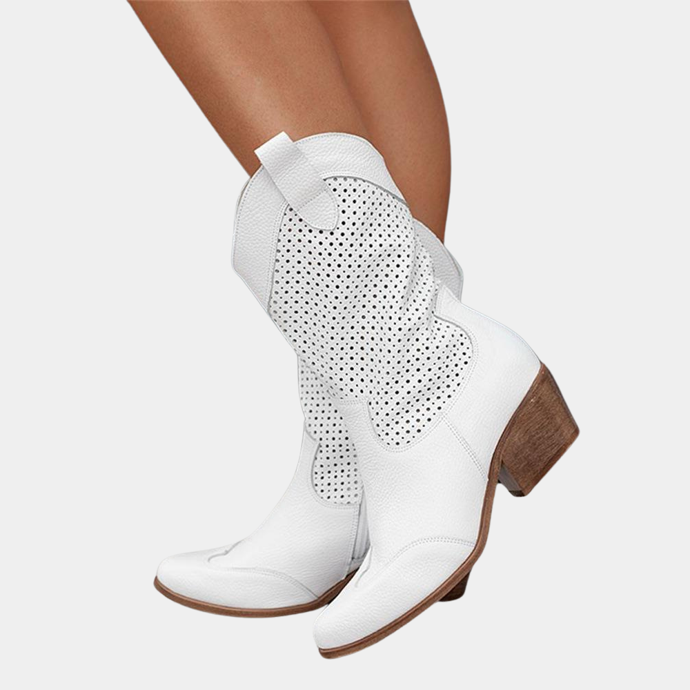 Damskie buty kowbojskie z perforowanym wzorem i grubym obcasem - J&B; - 1 - Livia-Moda