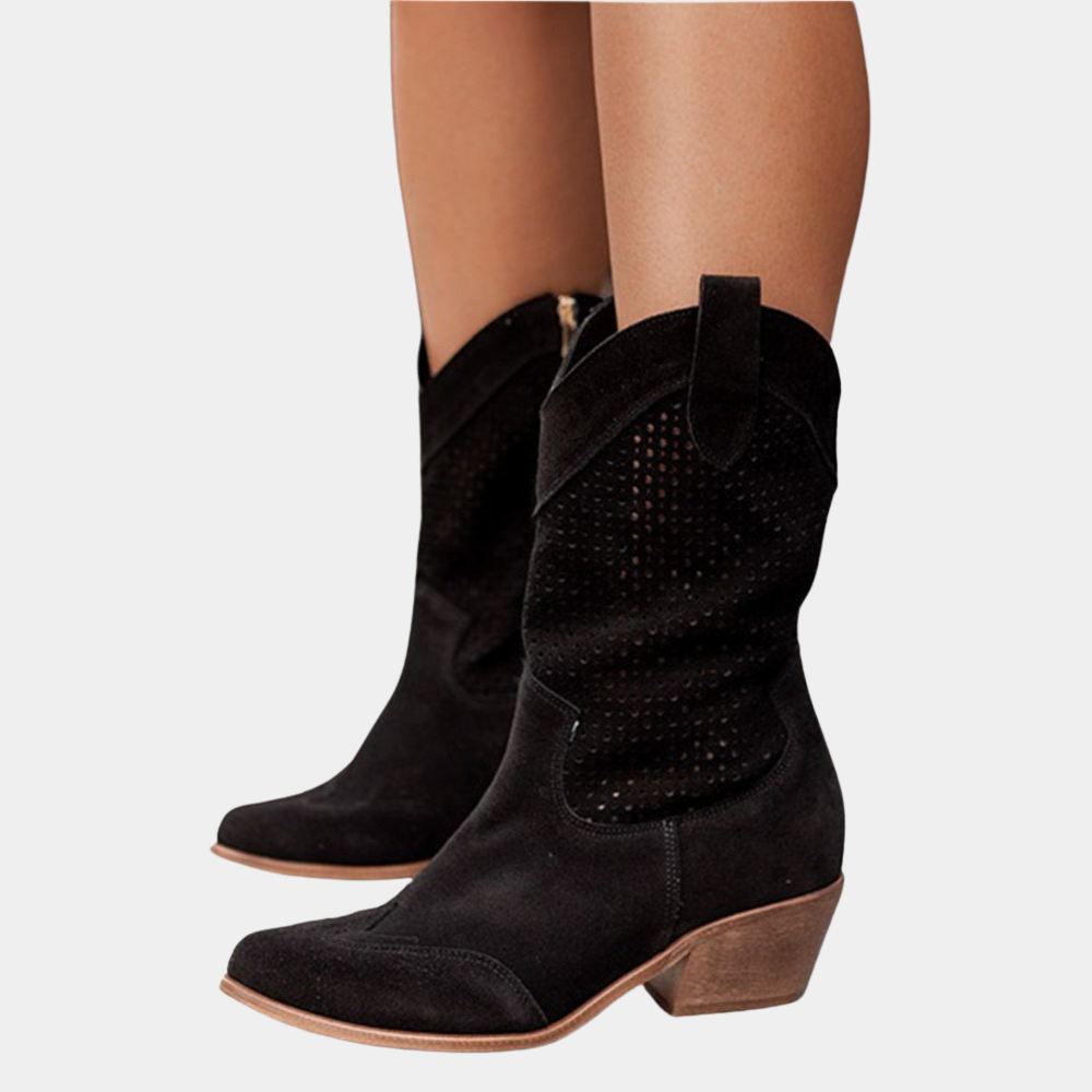 Damskie buty kowbojskie z perforowanym wzorem i grubym obcasem - J&B; - 3 - Livia-Moda