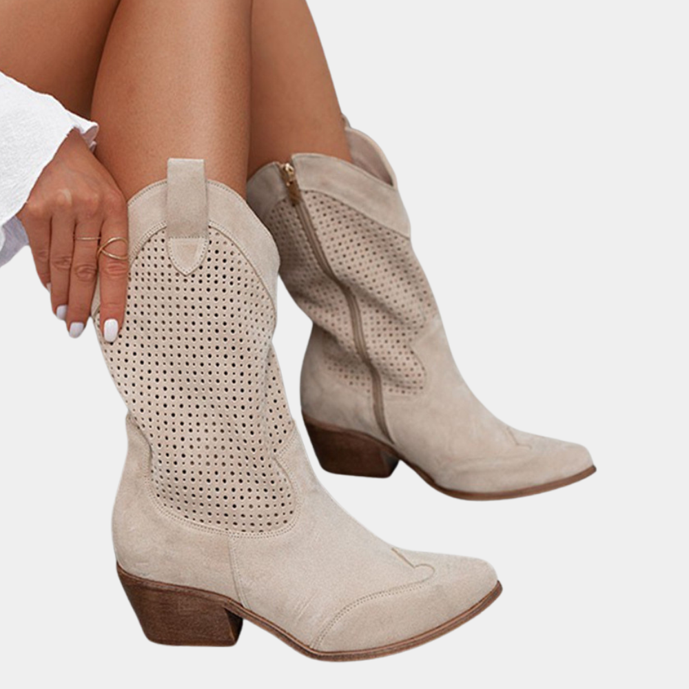 Damskie buty kowbojskie z perforowanym wzorem i grubym obcasem - J&B; - 6 - Livia-Moda