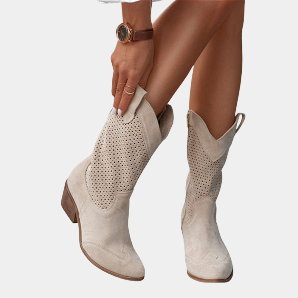 Damskie buty kowbojskie z perforowanym wzorem i grubym obcasem - J&B; - 7 - Livia-Moda
