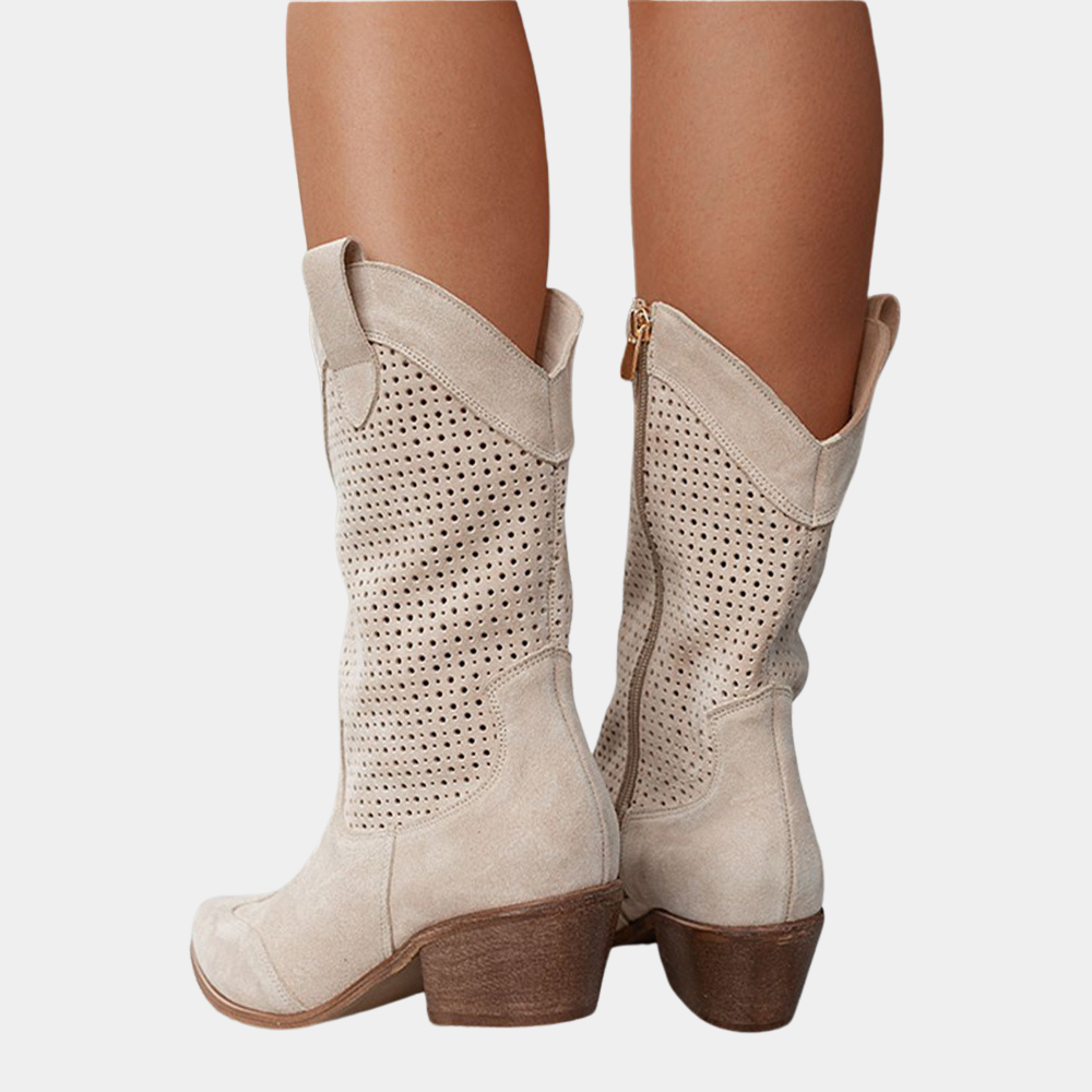Damskie buty kowbojskie z perforowanym wzorem i grubym obcasem - J&B; - 8 - Livia-Moda