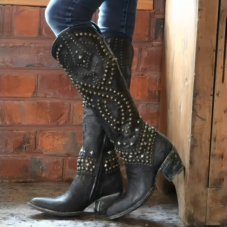 Damskie buty westernowe do kolan z ozdobnymi nitami - J&B; - 3 - Livia-Moda