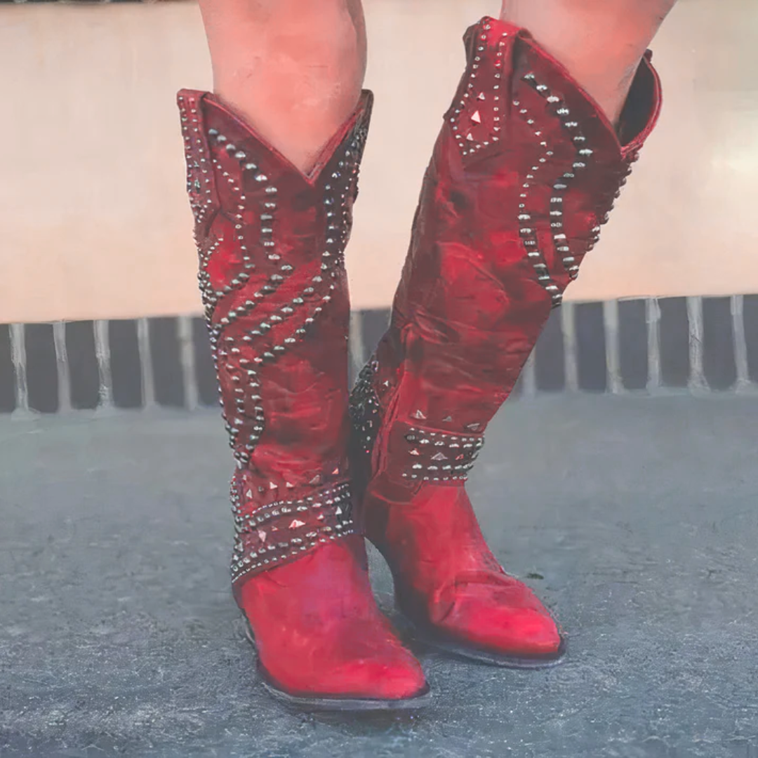 Damskie buty westernowe do kolan z ozdobnymi nitami - J&B; - 4 - Livia-Moda