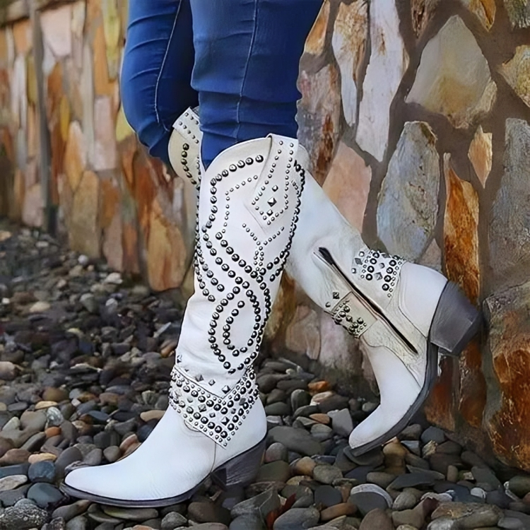 Damskie buty westernowe do kolan z ozdobnymi nitami - J&B; - 5 - Livia-Moda