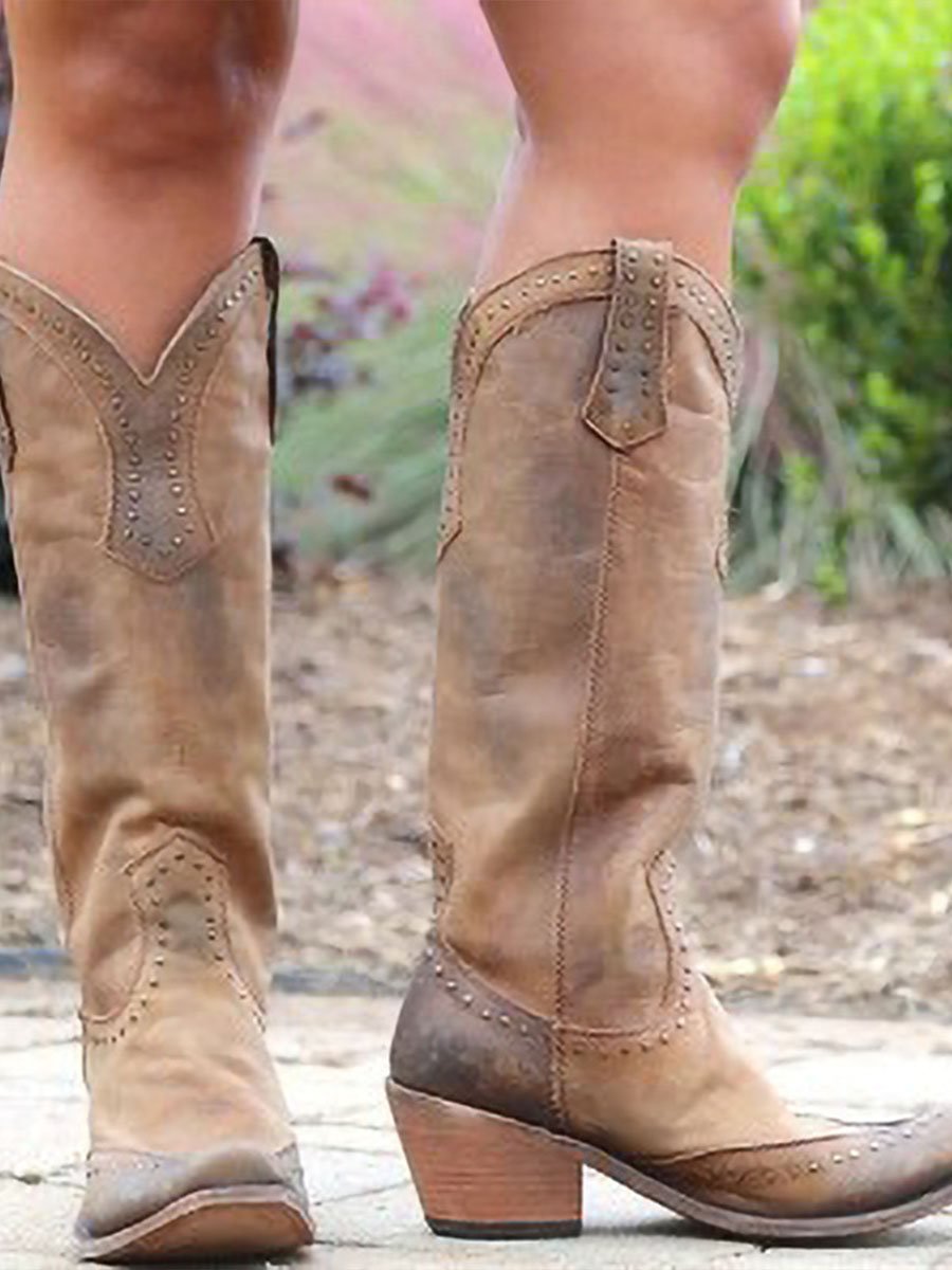 Damskie kowbojskie buty do kolan z nitami - J&B; - 3 - Livia-Moda