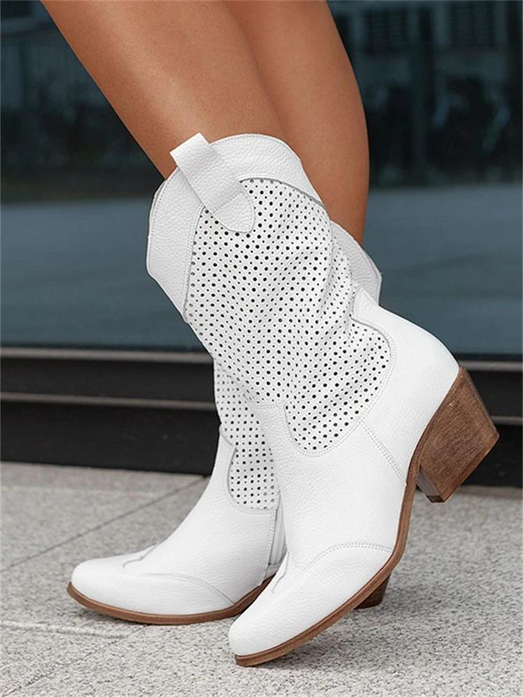 Damskie buty w stylu westernowym z grubym obcasem i perforowanym wzorem - J&B; - 3 - Livia-Moda
