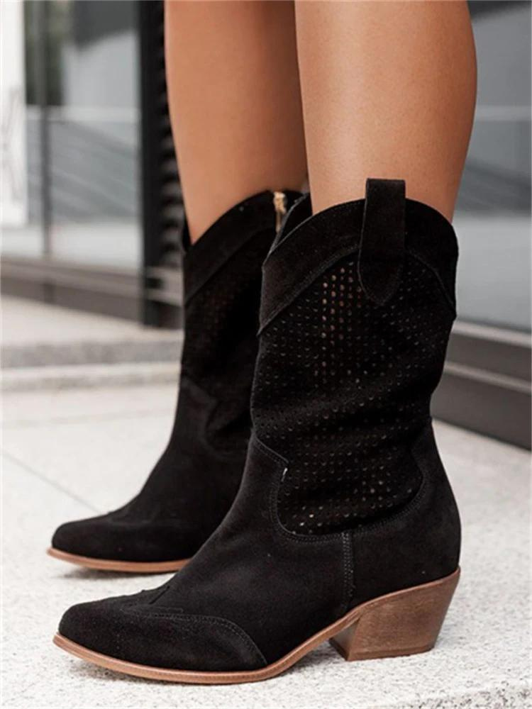 Damskie buty w stylu westernowym z grubym obcasem i perforowanym wzorem - J&B; - 4 - Livia-Moda