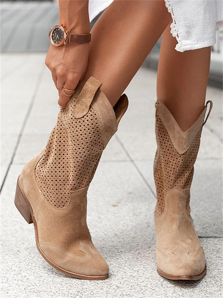 Damskie buty w stylu westernowym z grubym obcasem i perforowanym wzorem - J&B; - 6 - Livia-Moda
