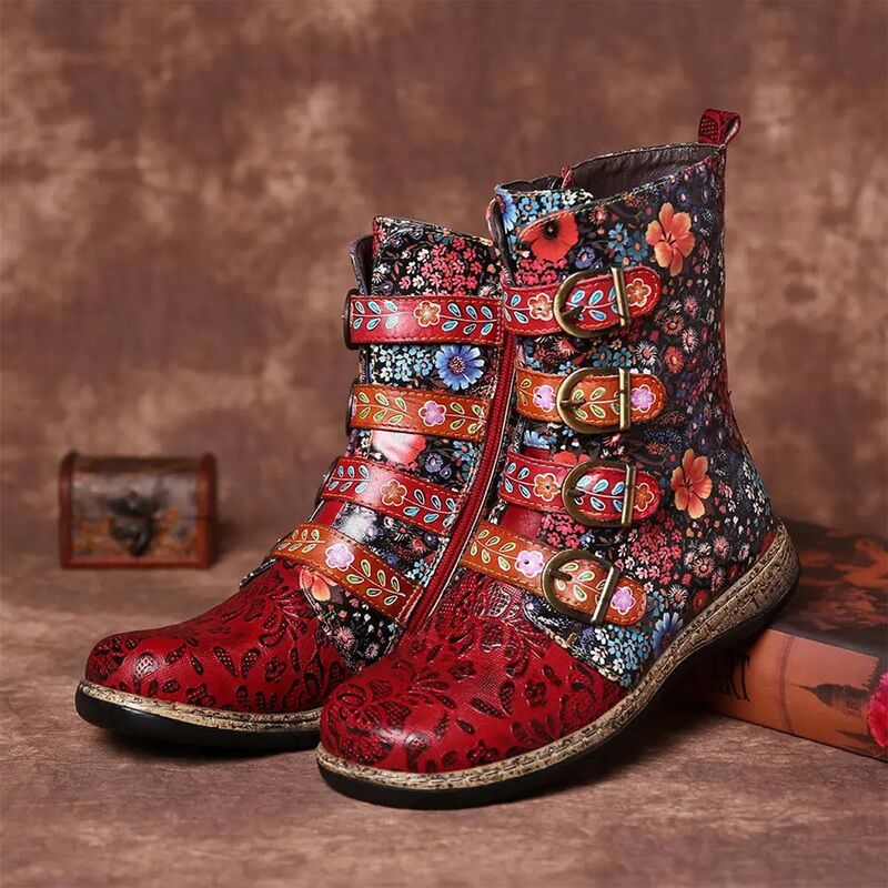 Stylowe damskie botki z kwiatowym wzorem i klamrami - J&B; - 1 - Livia-Moda