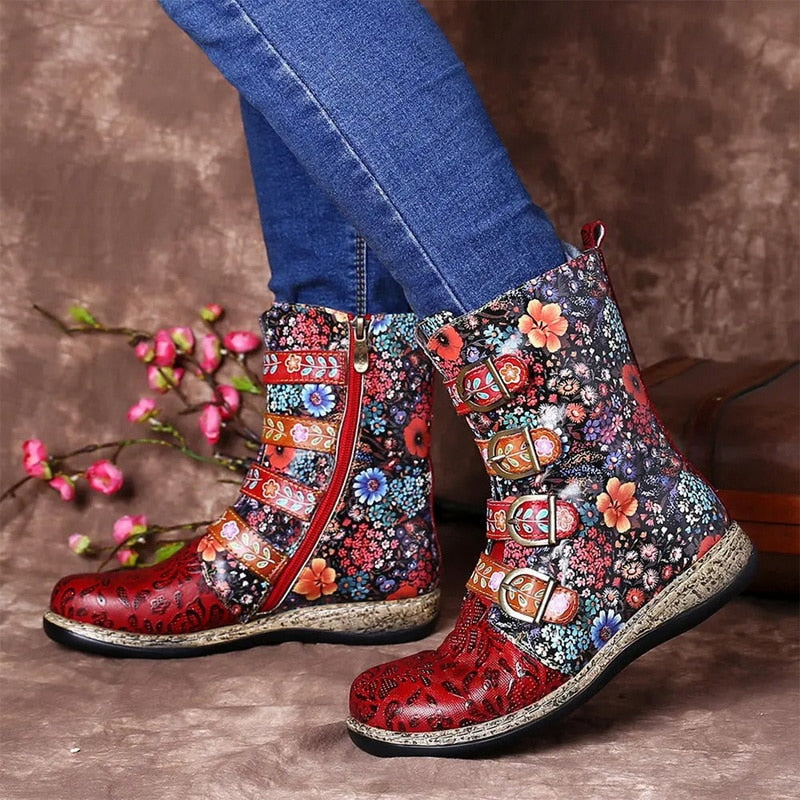 Stylowe damskie botki z kwiatowym wzorem i klamrami - J&B; - 2 - Livia-Moda