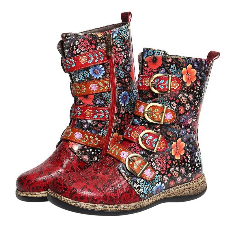 Stylowe damskie botki z kwiatowym wzorem i klamrami - J&B; - 8 - Livia-Moda