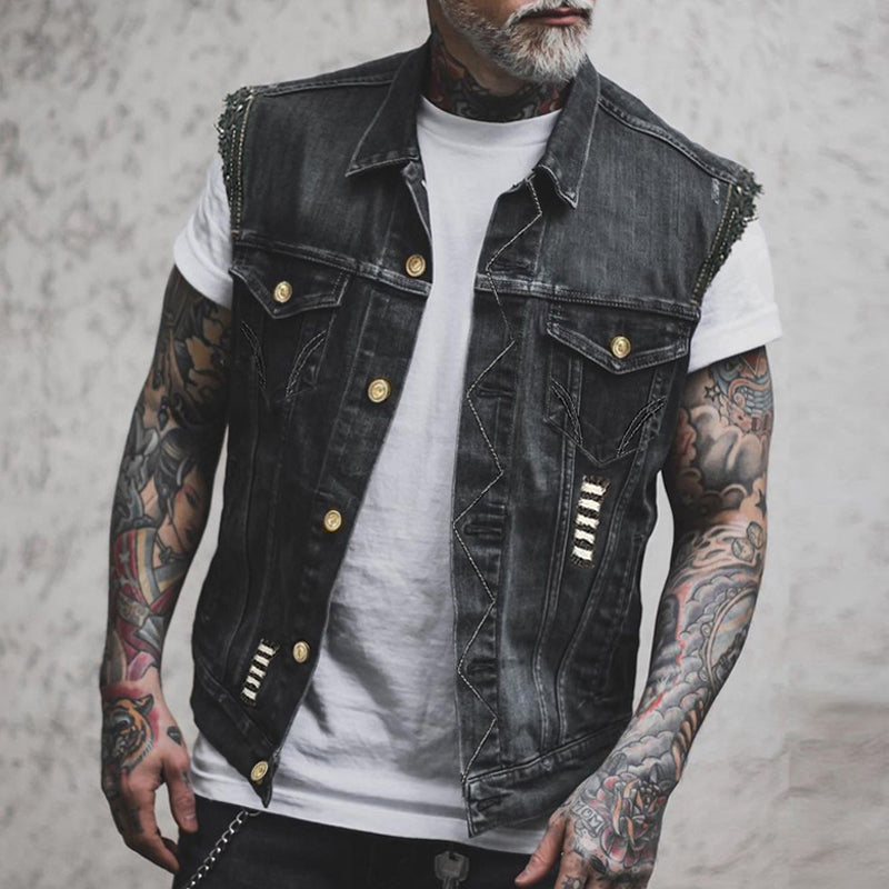 Męska kamizelka dżinsowa – Bez rękawów, w charakterystycznym stylu streetwear - J&B; - 1 - Livia-Moda