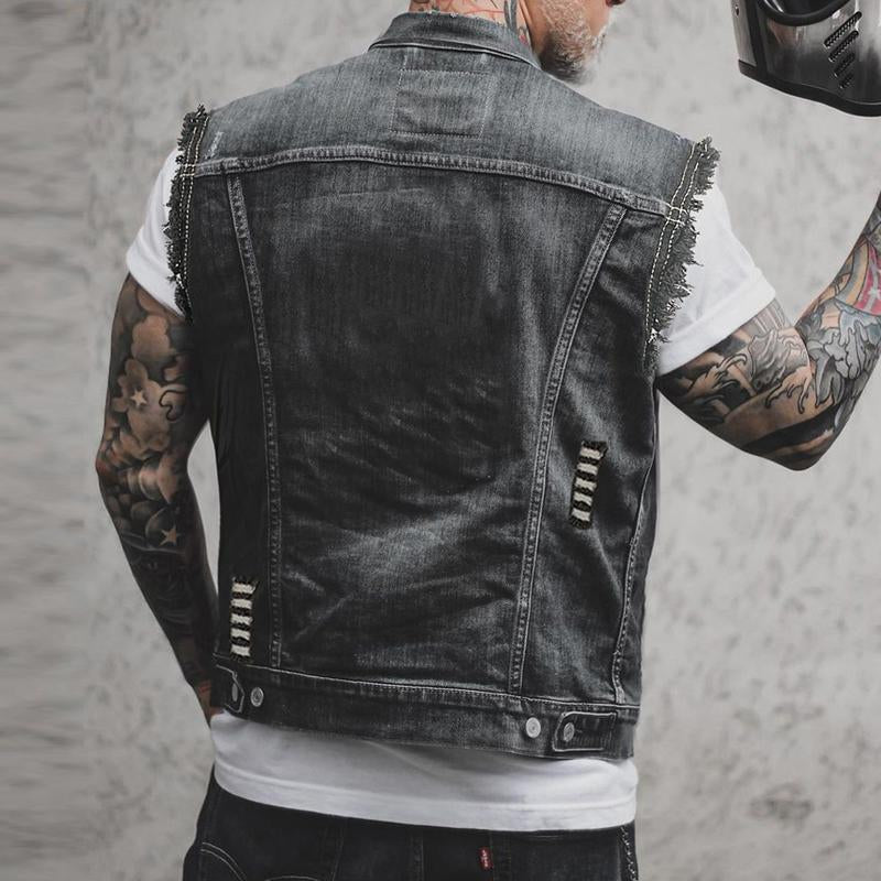 Męska kamizelka dżinsowa – Bez rękawów, w charakterystycznym stylu streetwear - J&B; - 3 - Livia-Moda