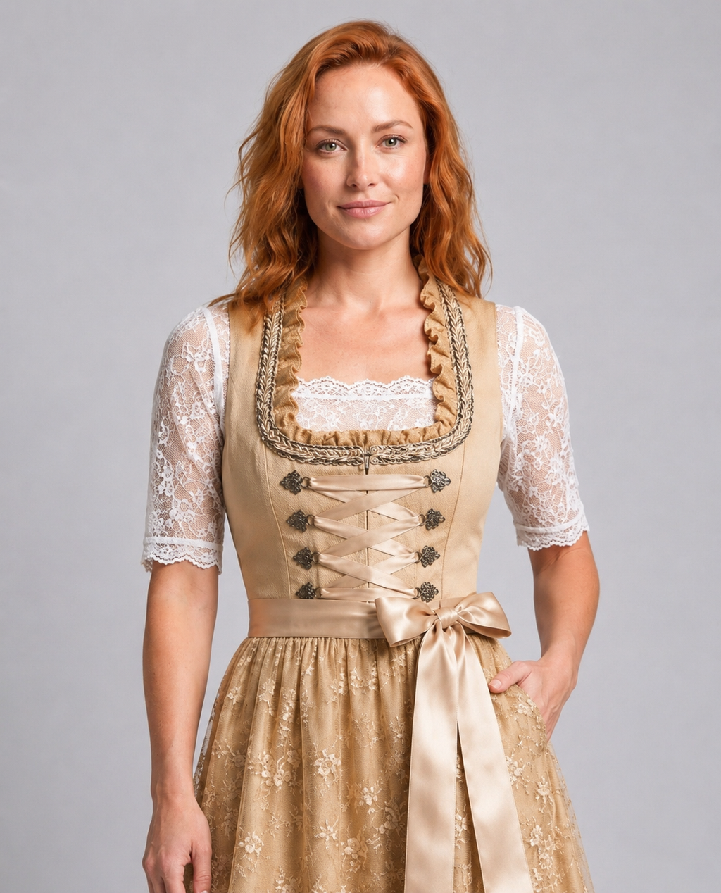 Dirndl damski z koronkową bluzką i kwiatowymi detalami - J&B; - 3 - Livia-Moda