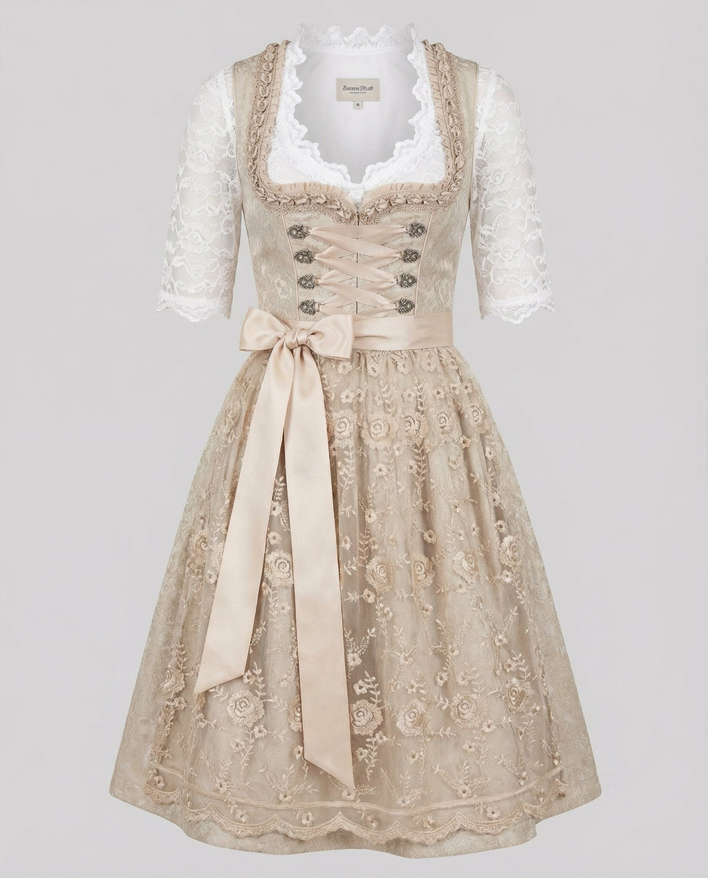 Dirndl damski z koronkowymi rękawami i kwiatowym haftem - J&B; - 2 - Livia-Moda