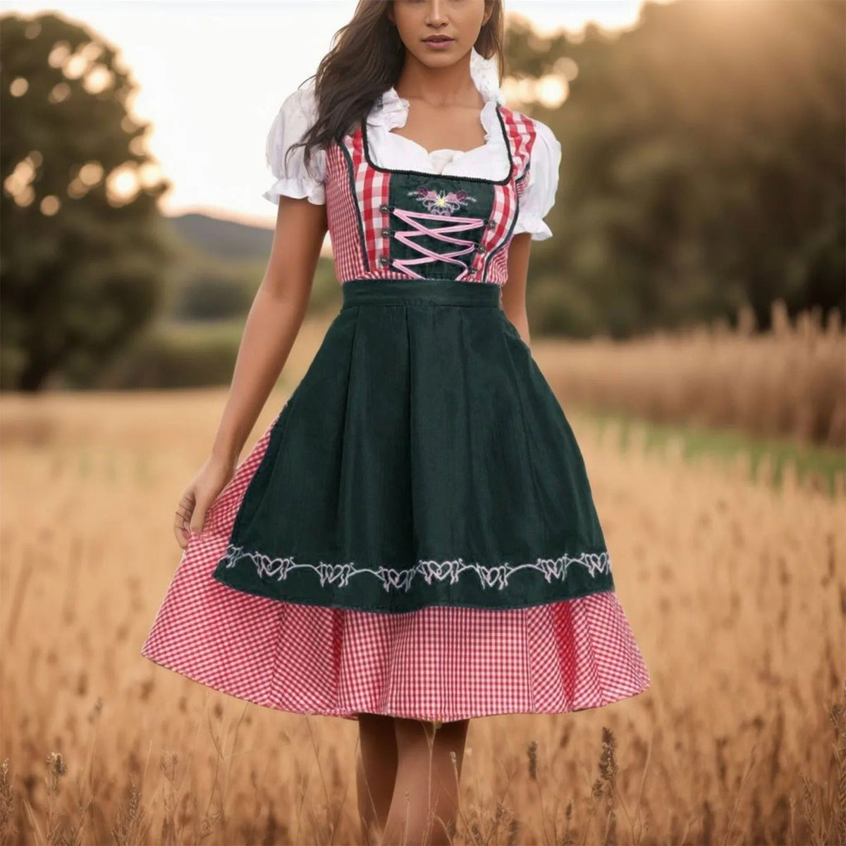 Dirndl damski w klasycznym stylu z bufiastymi rękawami i fartuchem - J&B; - 1 - Livia-Moda